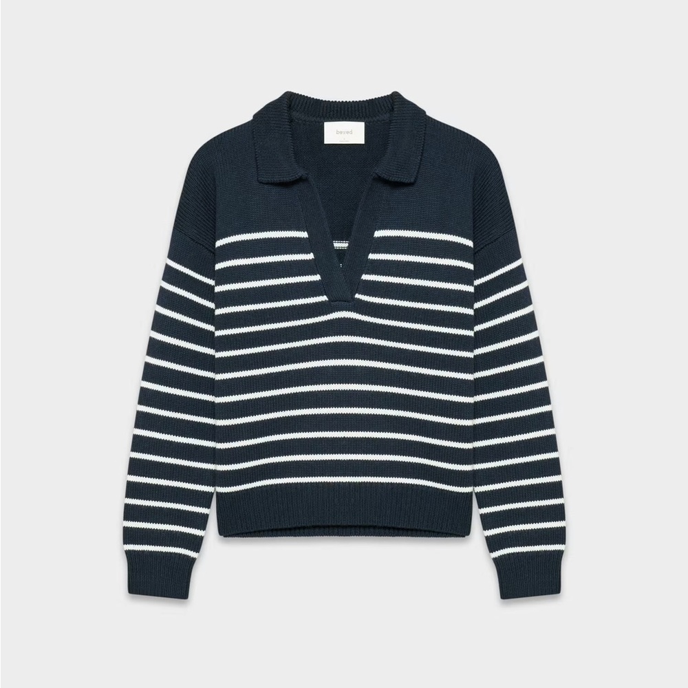 Wilfred Navy and White Striped Collared V-Neck Sweater